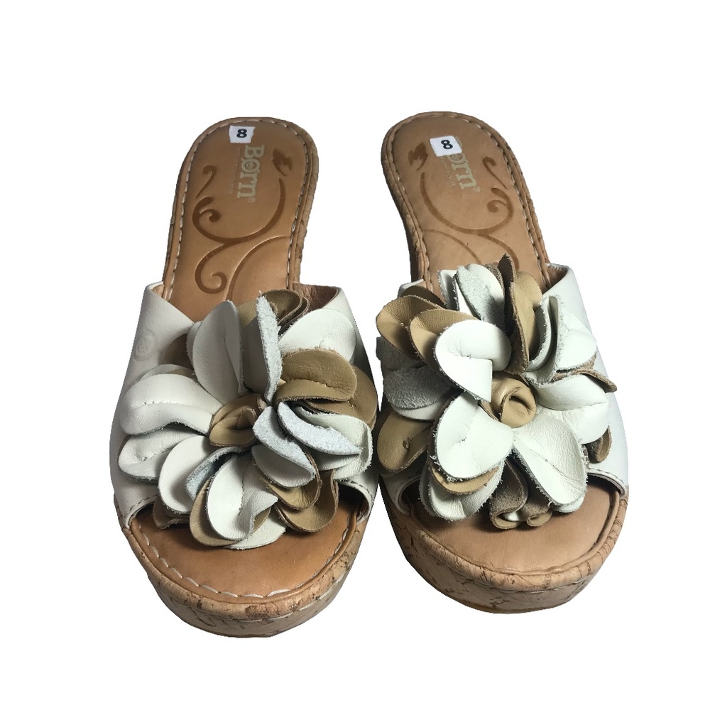 Born Leather Flower Cork Wedge Sandals size 8